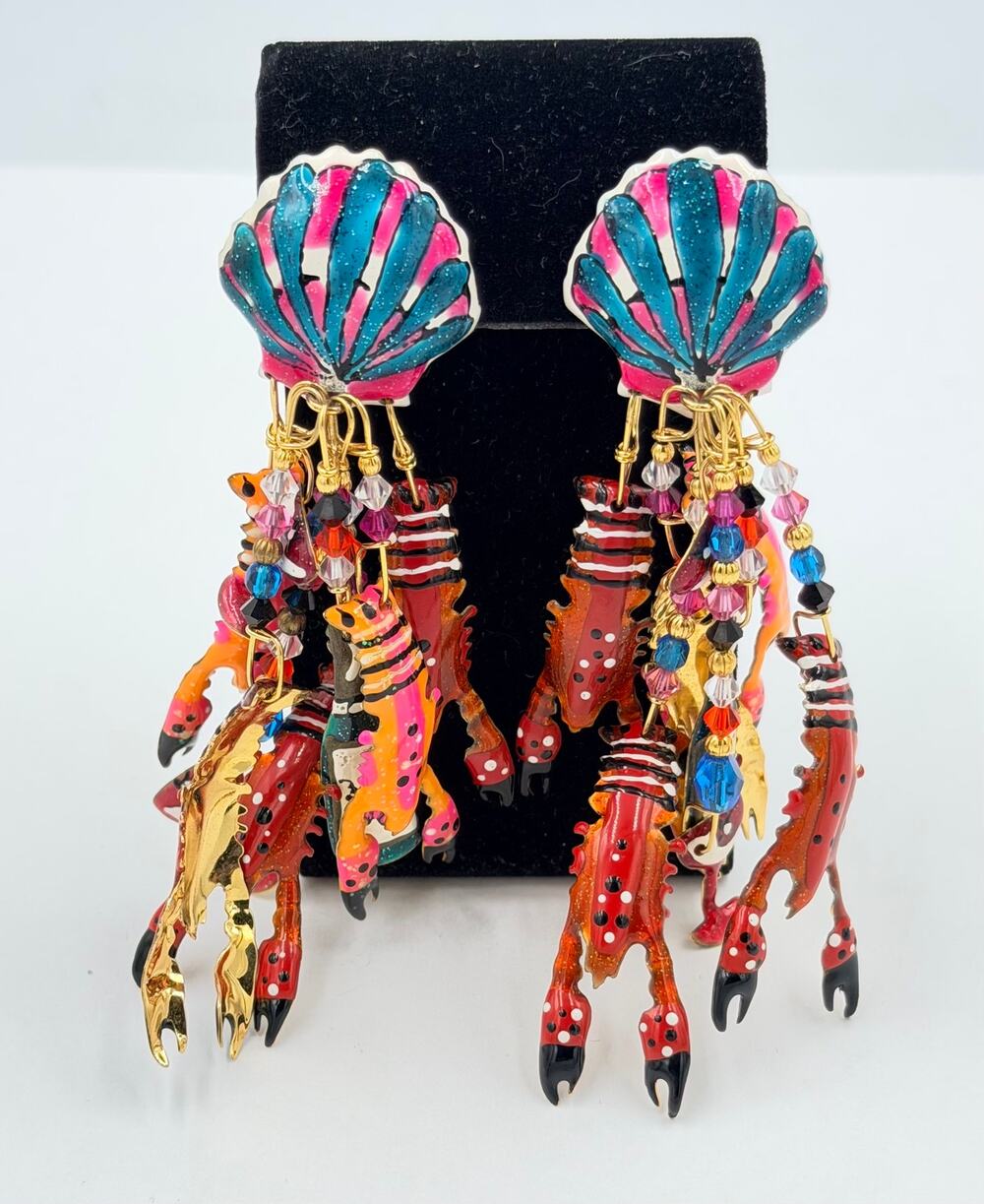 Vintage Whimsical LUNCH AT THE RITZ Enamel Lobsters Sea Shells Clip Earrings